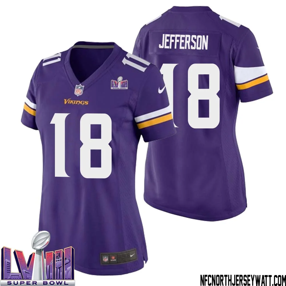 Justin Jefferson No 18 Minnesota Vikings Super Bowl LVIII Home Game Jersey Court Purple for Women