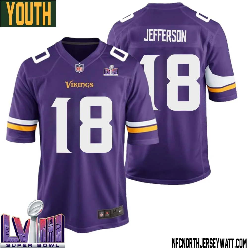 Justin Jefferson No 18 Minnesota Vikings Super Bowl LVIII Home Game Jersey Court Purple for Youth