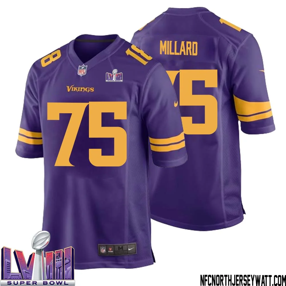 Keith Millard No 75 Minnesota Vikings Super Bowl LVIII Alternate Game Jersey Purple for Men 1