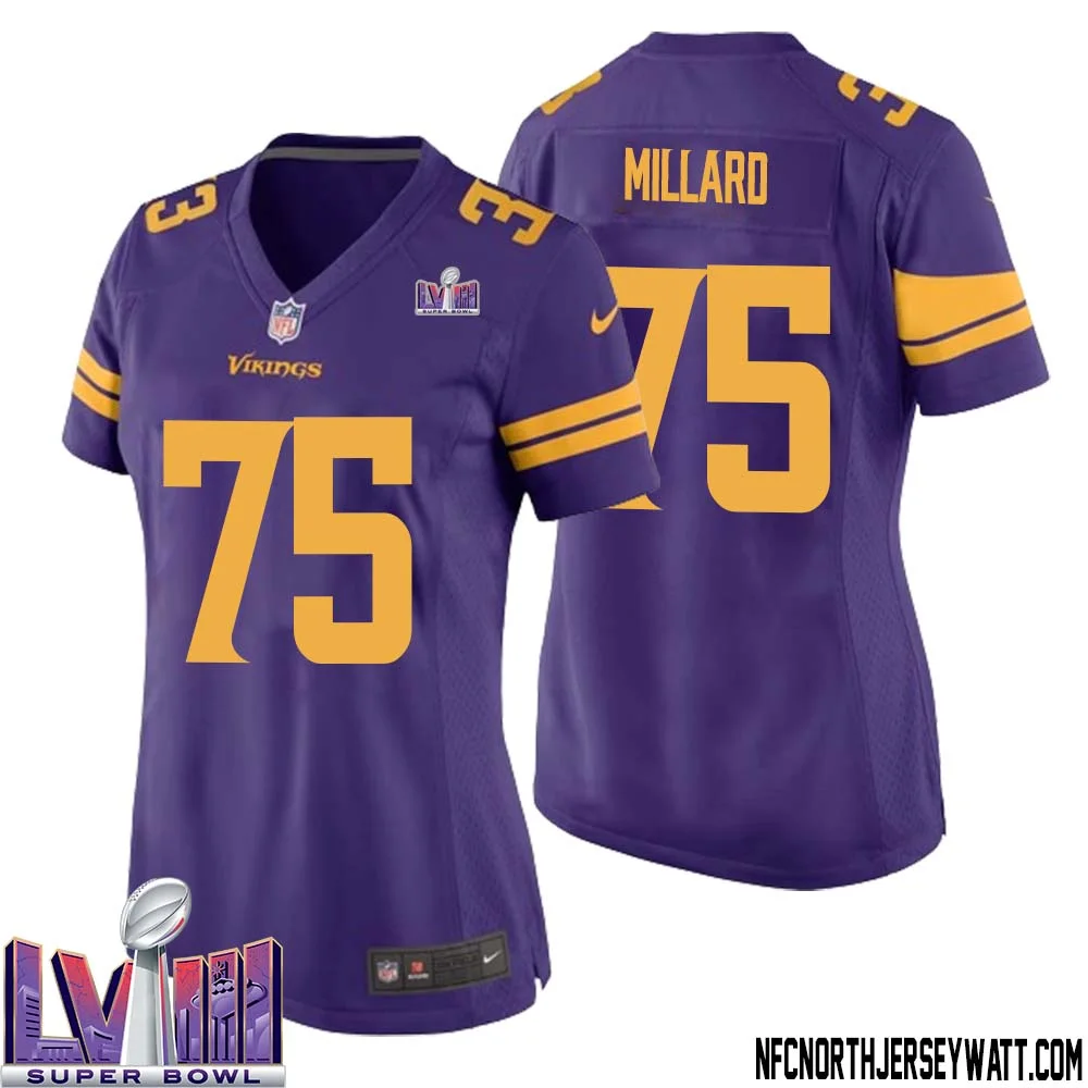 Keith Millard No 75 Minnesota Vikings Super Bowl LVIII Alternate Game Jersey Purple for Women