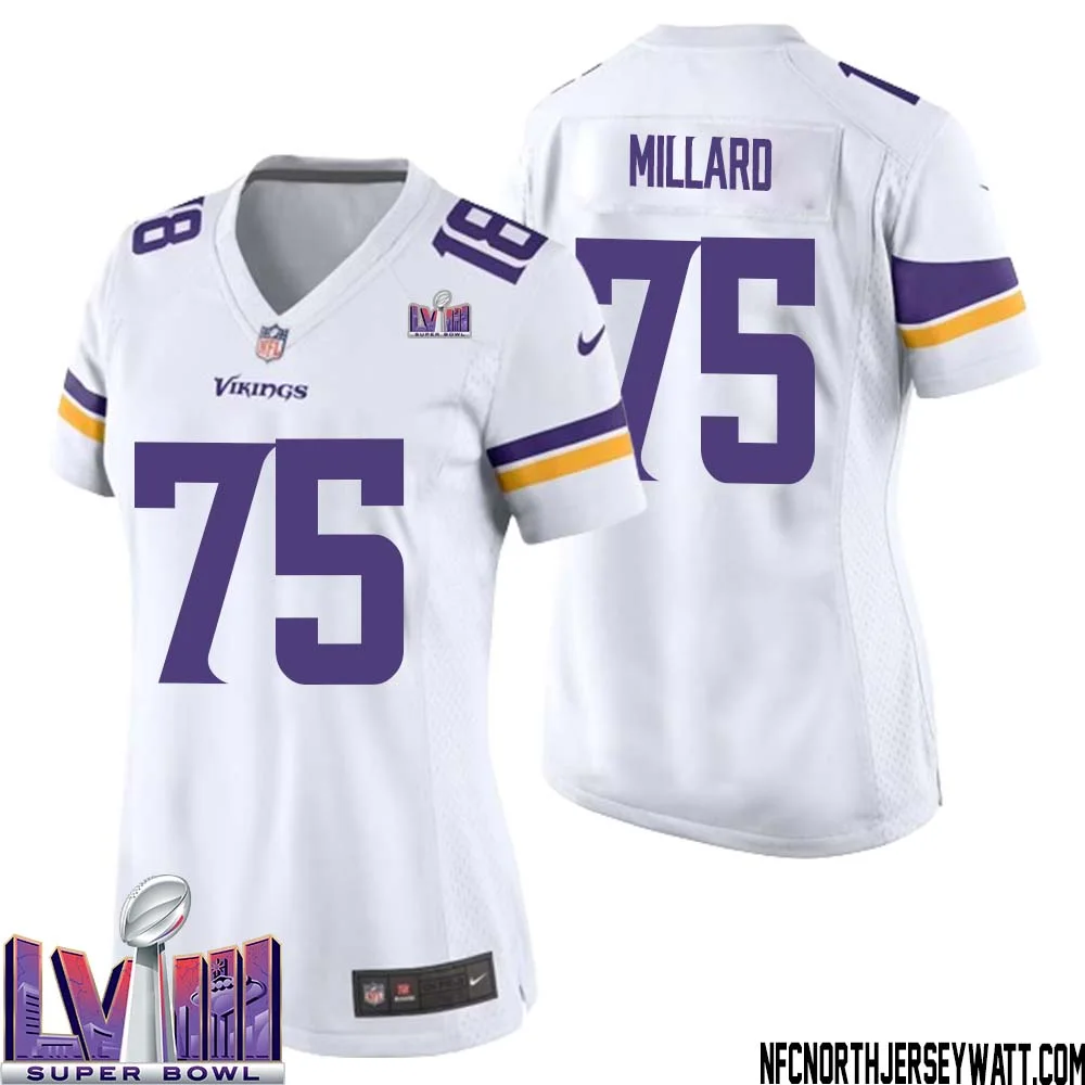 Keith Millard No 75 Minnesota Vikings Super Bowl LVIII Away Game Jersey White for Women