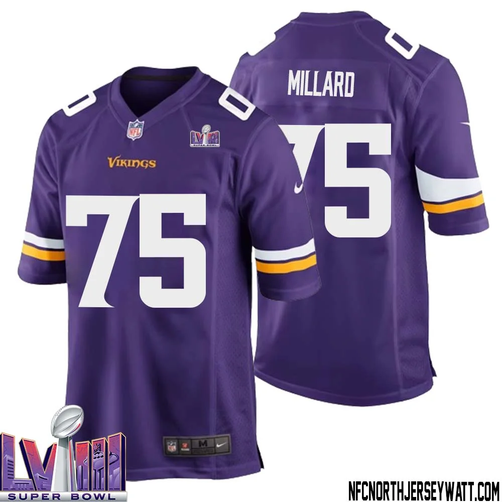 Keith Millard No 75 Minnesota Vikings Super Bowl LVIII Home Game Jersey Court Purple for Mens 1