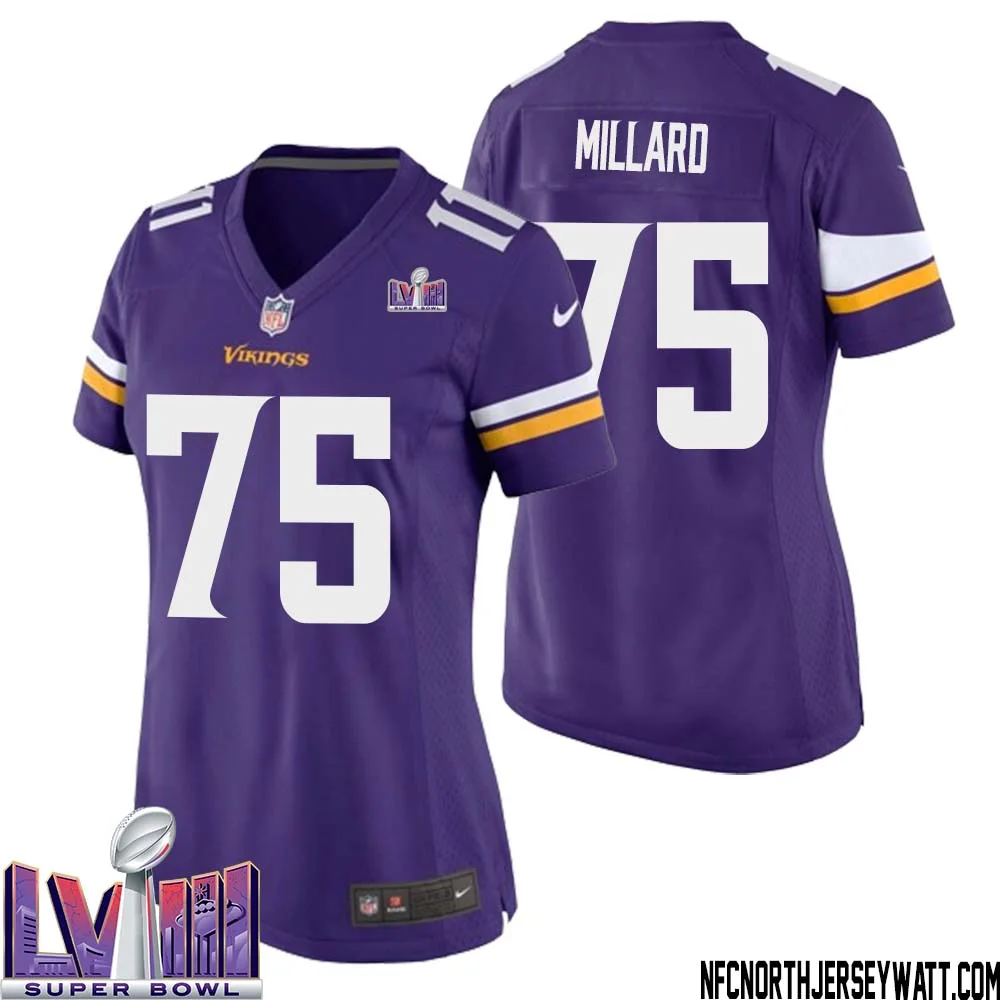 Keith Millard No 75 Minnesota Vikings Super Bowl LVIII Home Game Jersey Court Purple for Women 1