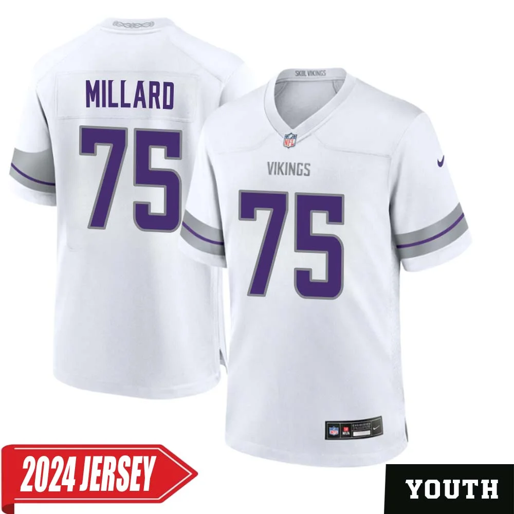 Keith Millard No 75 Youth s Minnesota Vikings White Alternate Custom Game 2024 Jersey