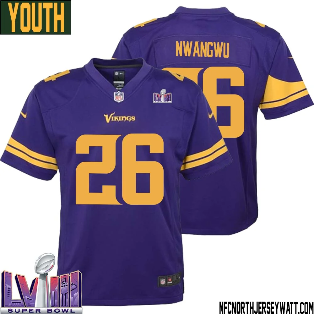 Kene Nwangwu No 26 Minnesota Vikings Super Bowl LVIII Alternate Game Jersey Purple for Youth 1