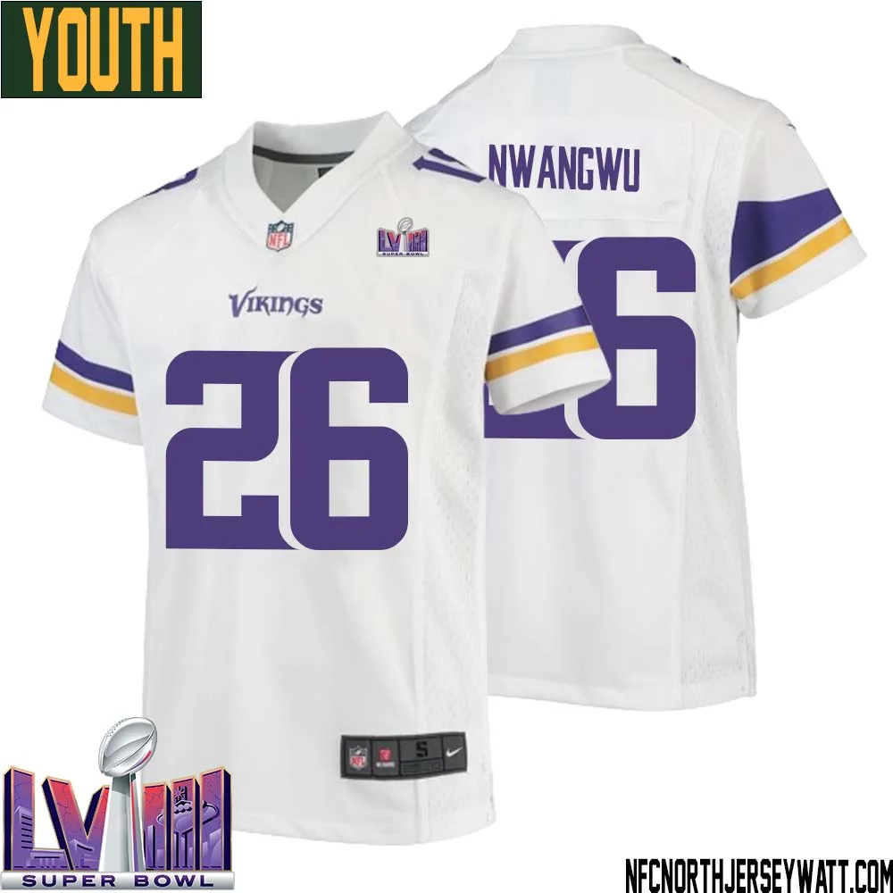 Kene Nwangwu No 26 Minnesota Vikings Super Bowl LVIII Away Game Jersey White for Youth 1