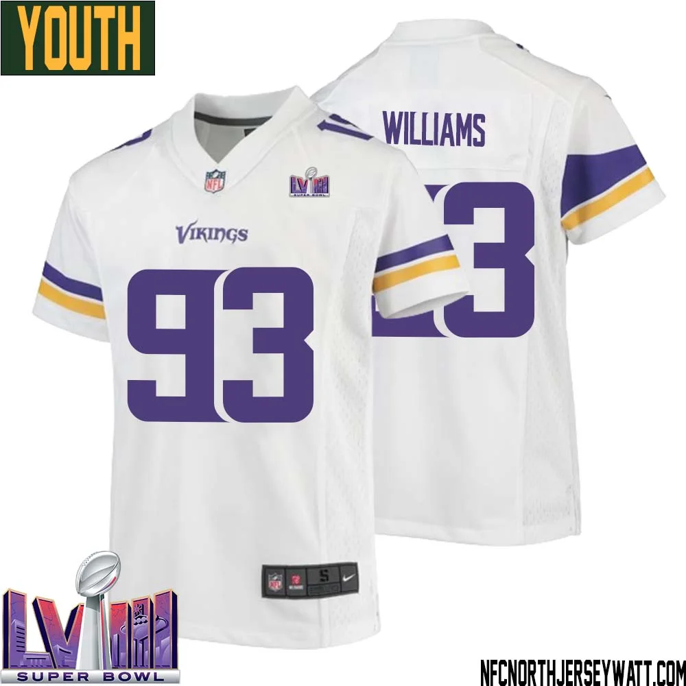 Kevin Williams No 93 Minnesota Vikings Super Bowl LVIII Away Game Jersey White for Youth
