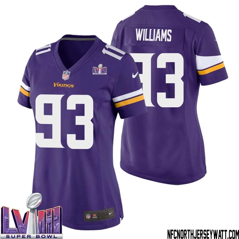 Kevin Williams No 93 Minnesota Vikings Super Bowl LVIII Home Game Jersey Court Purple for Women