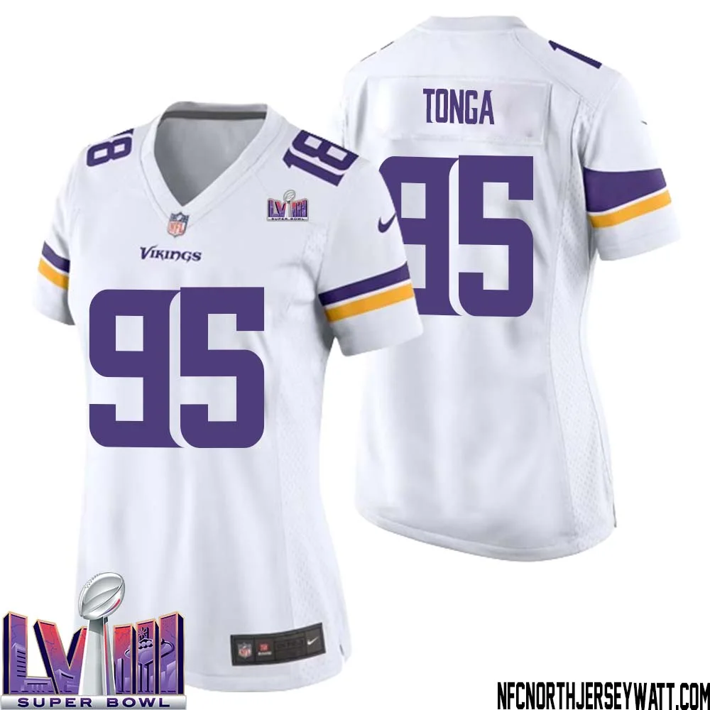 Khyiris Tonga No 95 Minnesota Vikings Super Bowl LVIII Away Game Jersey White for Women