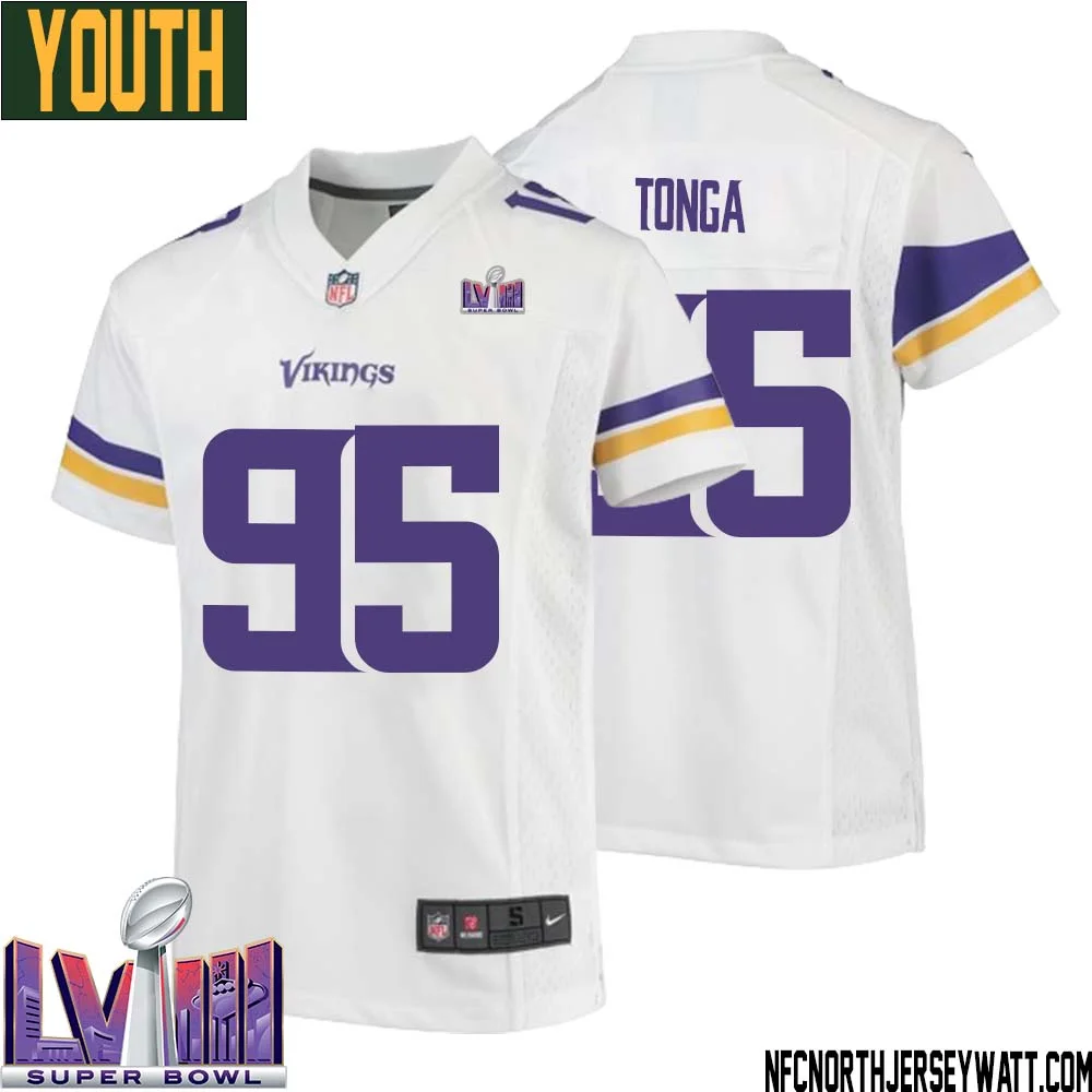 Khyiris Tonga No 95 Minnesota Vikings Super Bowl LVIII Away Game Jersey White for Youth 1