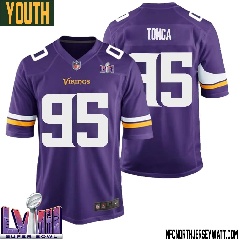 Khyiris Tonga No 95 Minnesota Vikings Super Bowl LVIII Home Game Jersey Court Purple for Youth 1