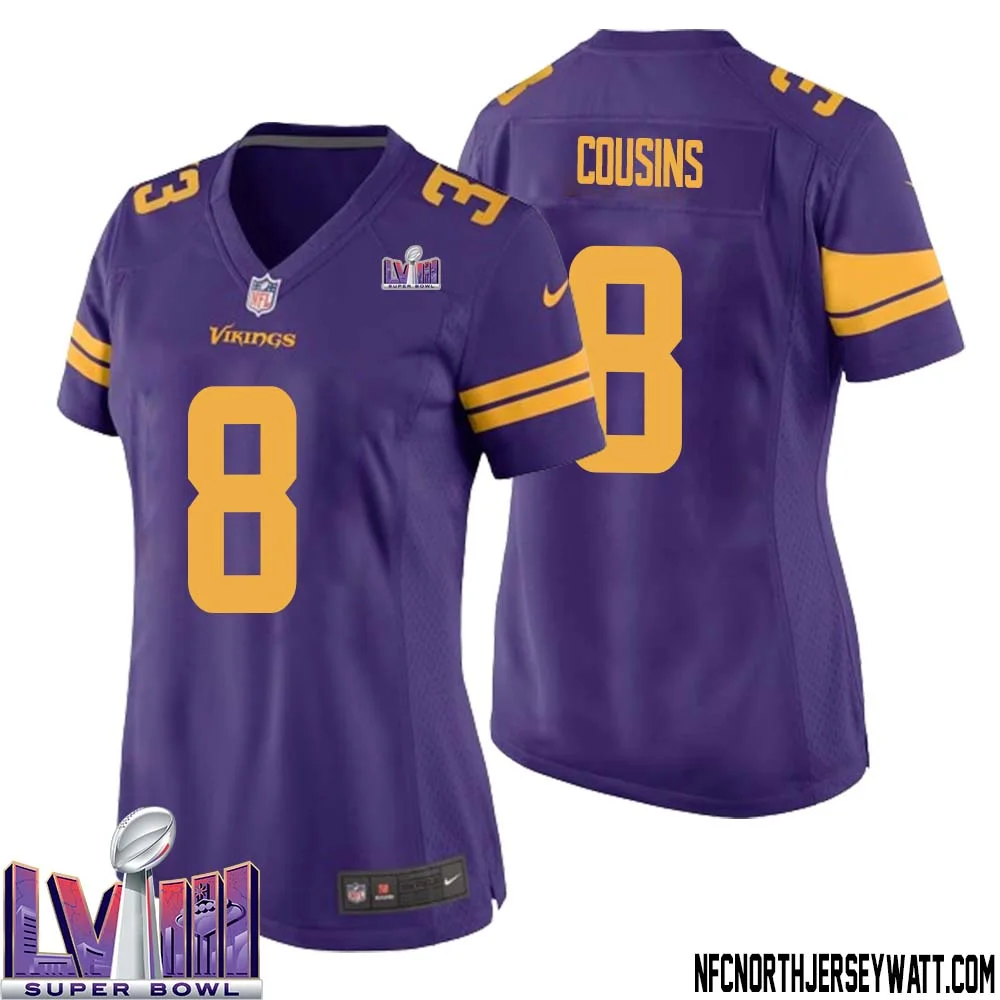 Kirk Cousins No 8 Minnesota Vikings Super Bowl LVIII Alternate Game Jersey Purple for Women 1
