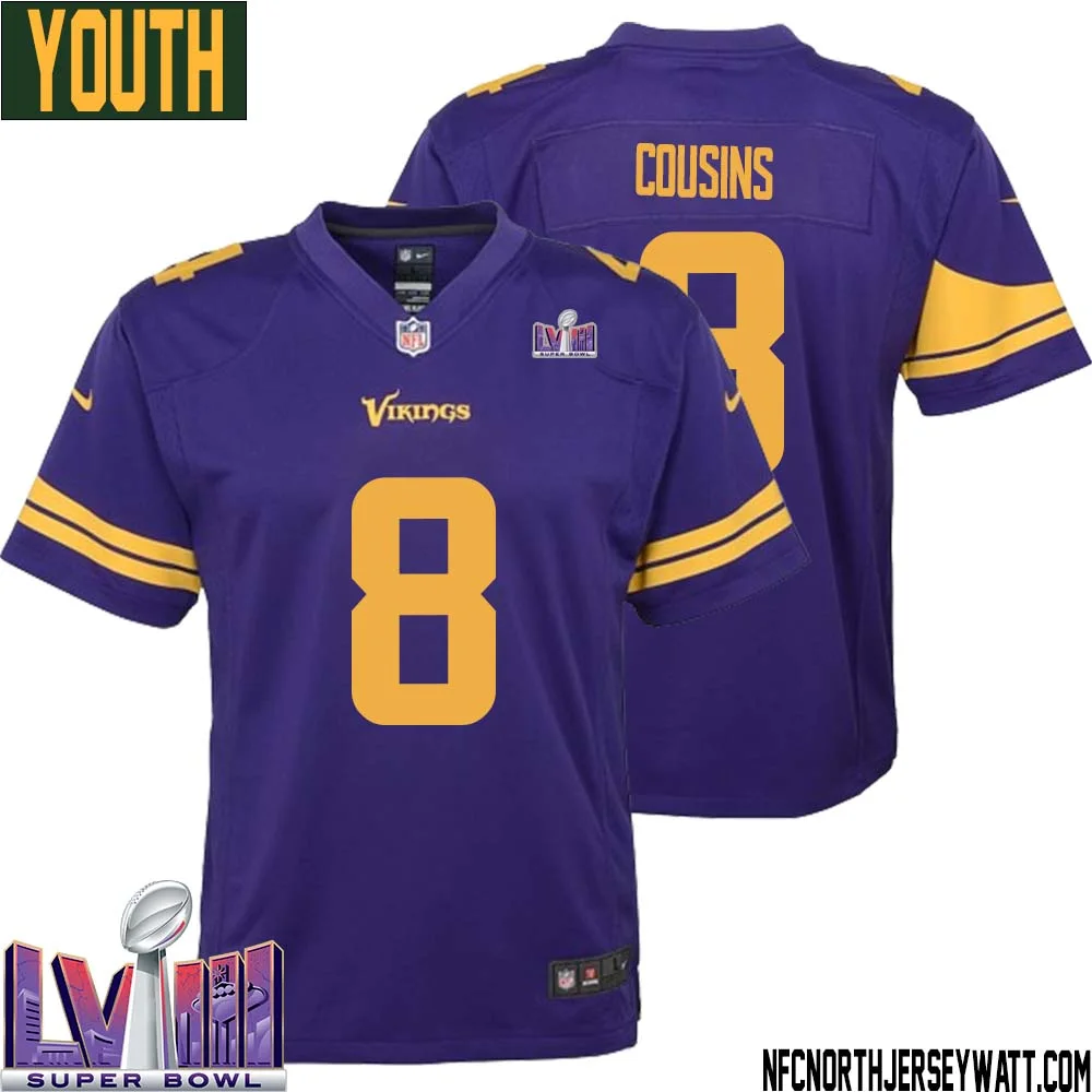 Kirk Cousins No 8 Minnesota Vikings Super Bowl LVIII Alternate Game Jersey Purple for Youth 1