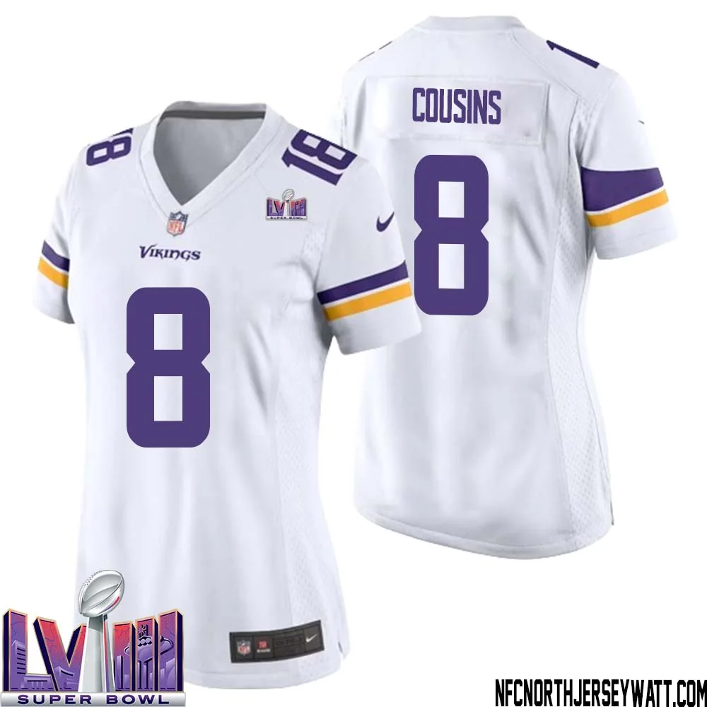 Kirk Cousins No 8 Minnesota Vikings Super Bowl LVIII Away Game Jersey White for Women