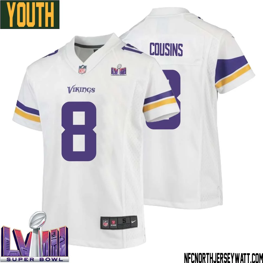 Kirk Cousins No 8 Minnesota Vikings Super Bowl LVIII Away Game Jersey White for Youth