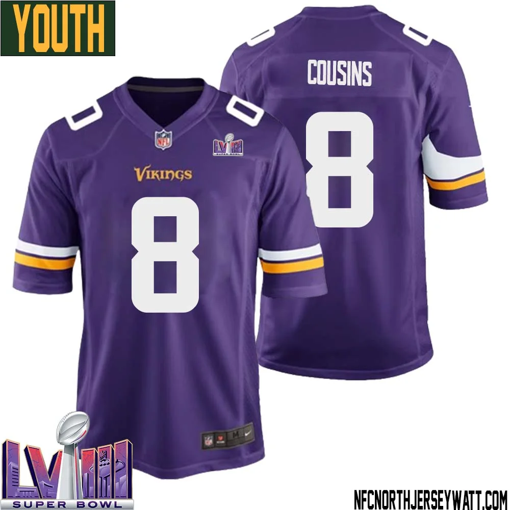 Kirk Cousins No 8 Minnesota Vikings Super Bowl LVIII Home Game Jersey Court Purple for Youth