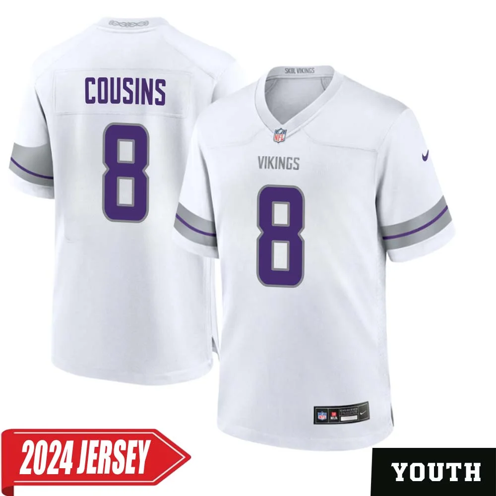 Kirk Cousins No 8 Youth s Minnesota Vikings White Alternate Custom Game 2024 Jersey