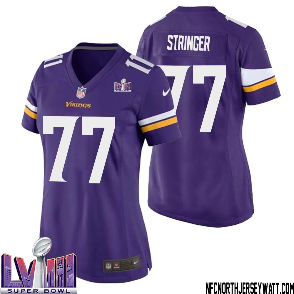 Korey Stringer No 77 Minnesota Vikings Super Bowl LVIII Home Game Jersey Court Purple for Women 1