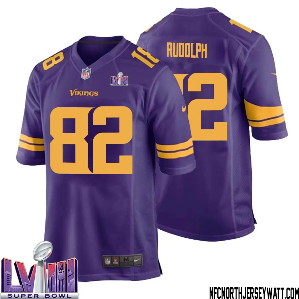Kyle Rudolph No 82 Minnesota Vikings Super Bowl LVIII Alternate Game Jersey Purple for Men