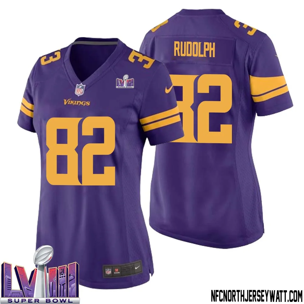 Kyle Rudolph No 82 Minnesota Vikings Super Bowl LVIII Alternate Game Jersey Purple for Women