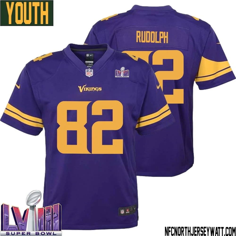 Kyle Rudolph No 82 Minnesota Vikings Super Bowl LVIII Alternate Game Jersey Purple for Youth