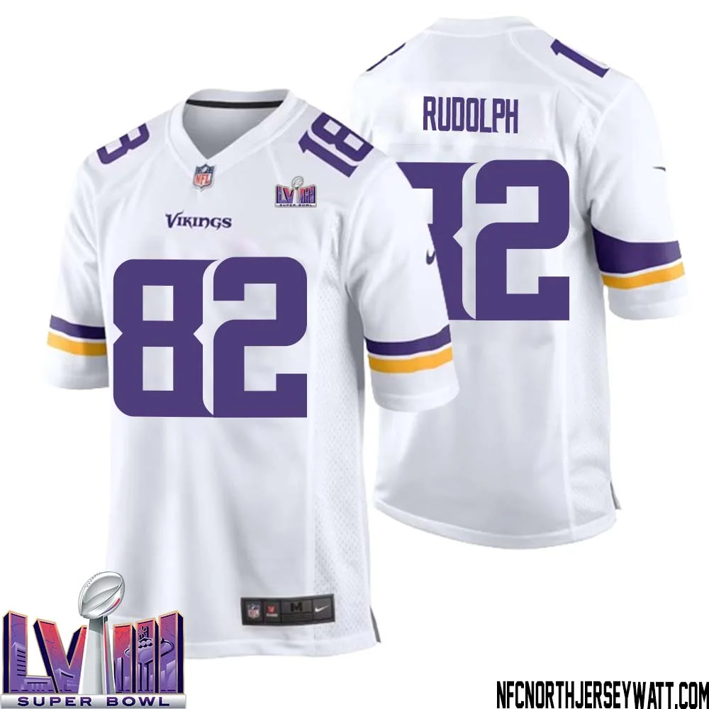 Kyle Rudolph No 82 Minnesota Vikings Super Bowl LVIII Away Game Jersey White for Men 1
