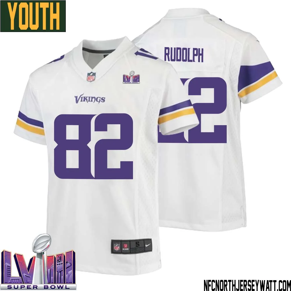 Kyle Rudolph No 82 Minnesota Vikings Super Bowl LVIII Away Game Jersey White for Youth