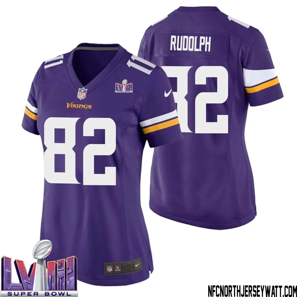 Kyle Rudolph No 82 Minnesota Vikings Super Bowl LVIII Home Game Jersey Court Purple for Women