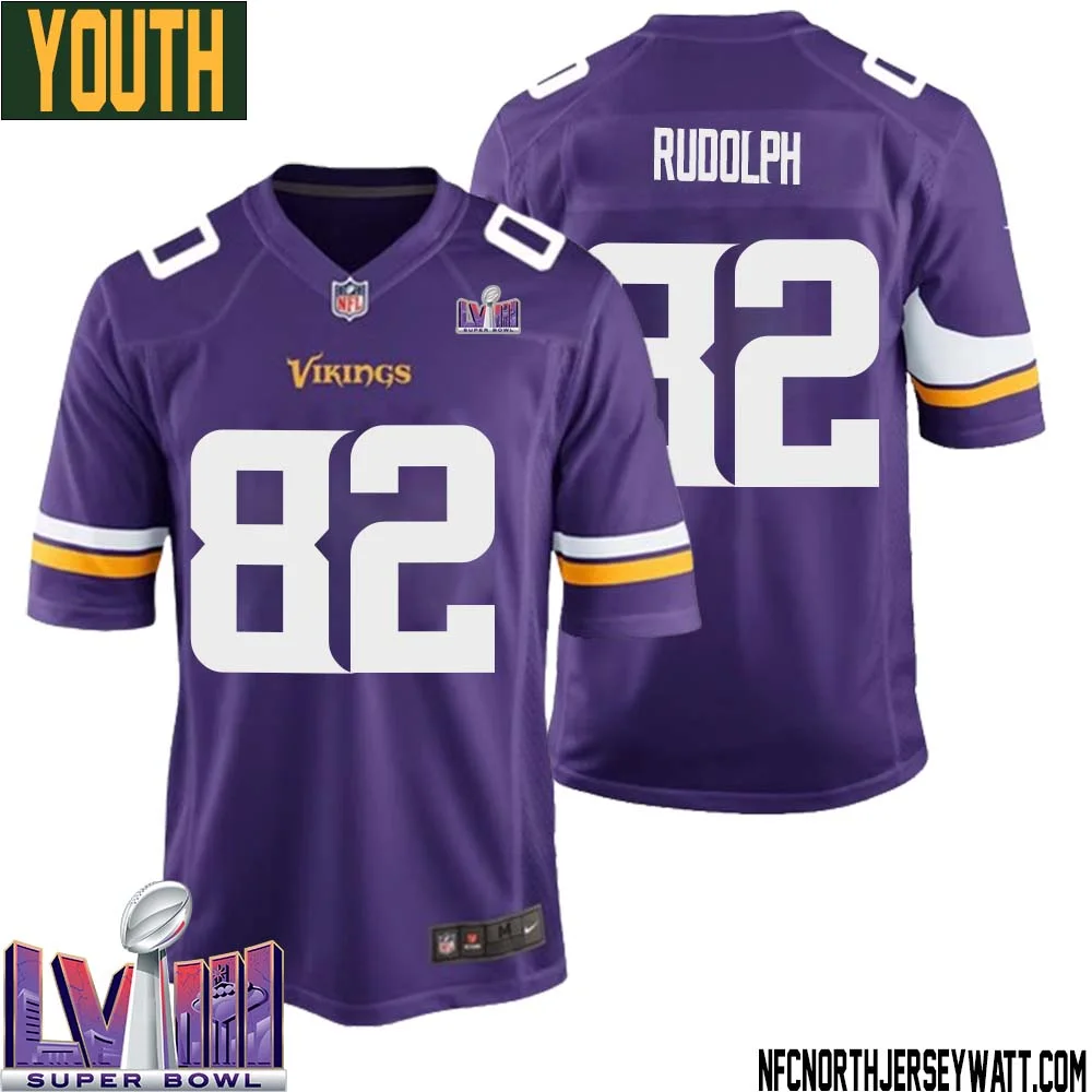 Kyle Rudolph No 82 Minnesota Vikings Super Bowl LVIII Home Game Jersey Court Purple for Youth 1