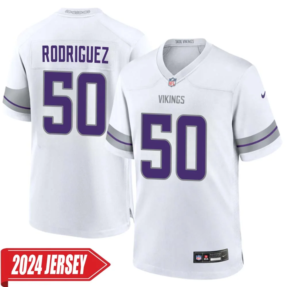 Levi Drake Rodriguez No 50 Men s Minnesota Vikings White Alternate Custom Game 2024 Jersey