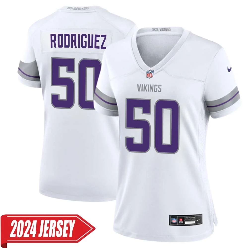 Levi Drake Rodriguez No 50 Woman s Minnesota Vikings White Alternate Custom Game 2024 Jersey