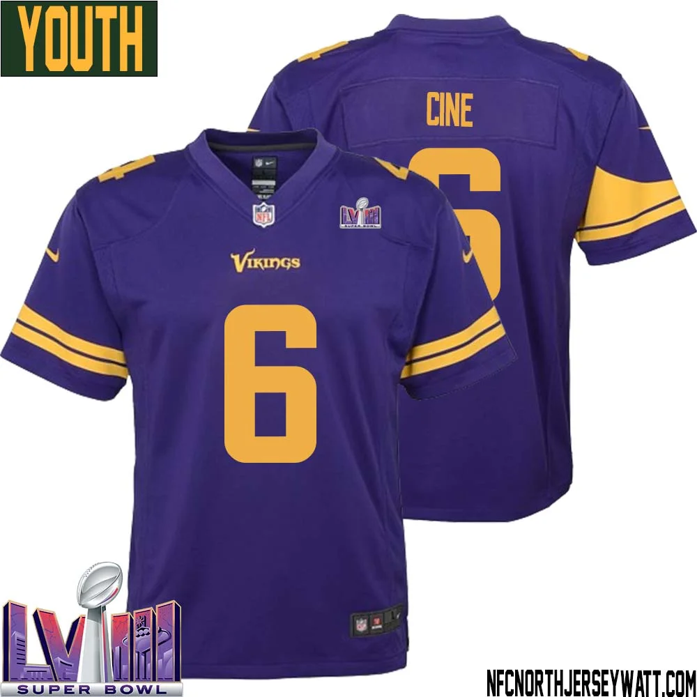 Lewis Cine No 6 Minnesota Vikings Super Bowl LVIII Alternate Game Jersey Purple for Youth
