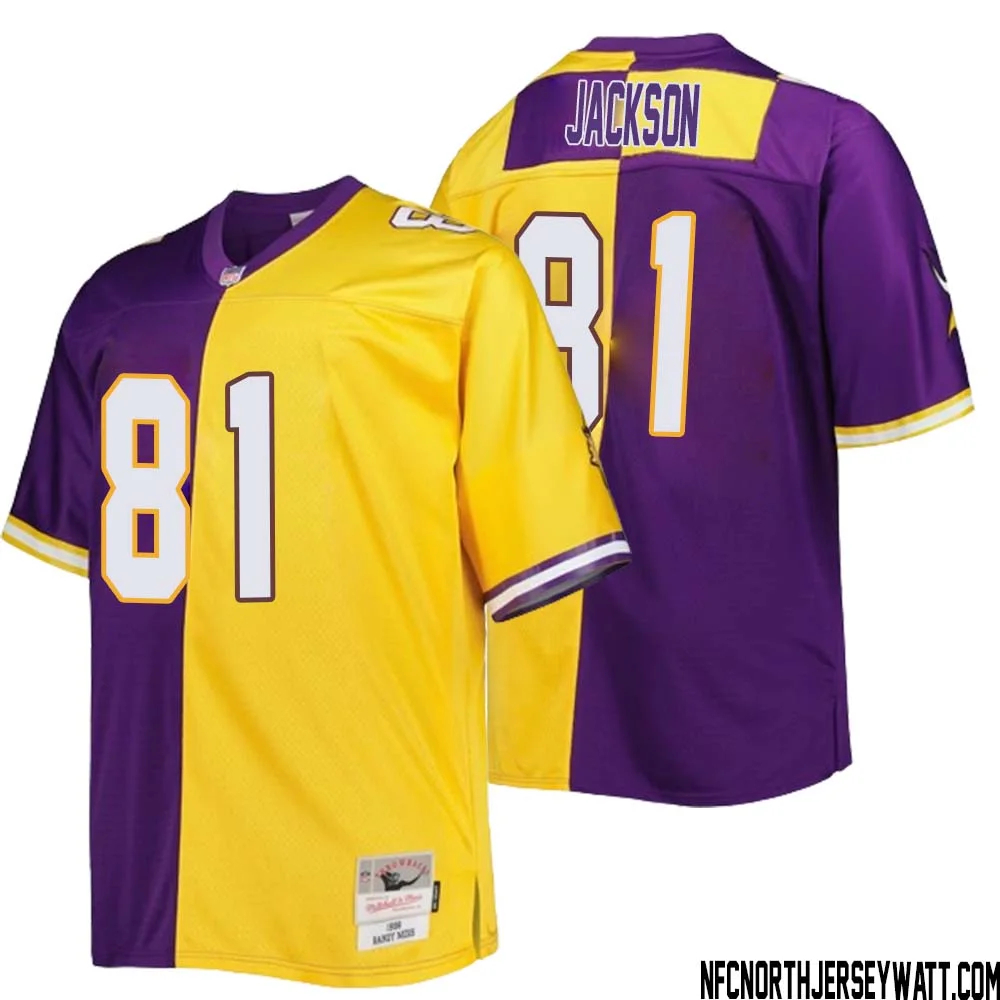 Lucky Jackson No 81 Men Mitchell Ness Purple Gold Minnesota Vikings Big Tall Split Legacy Retired Player Replica Jersey