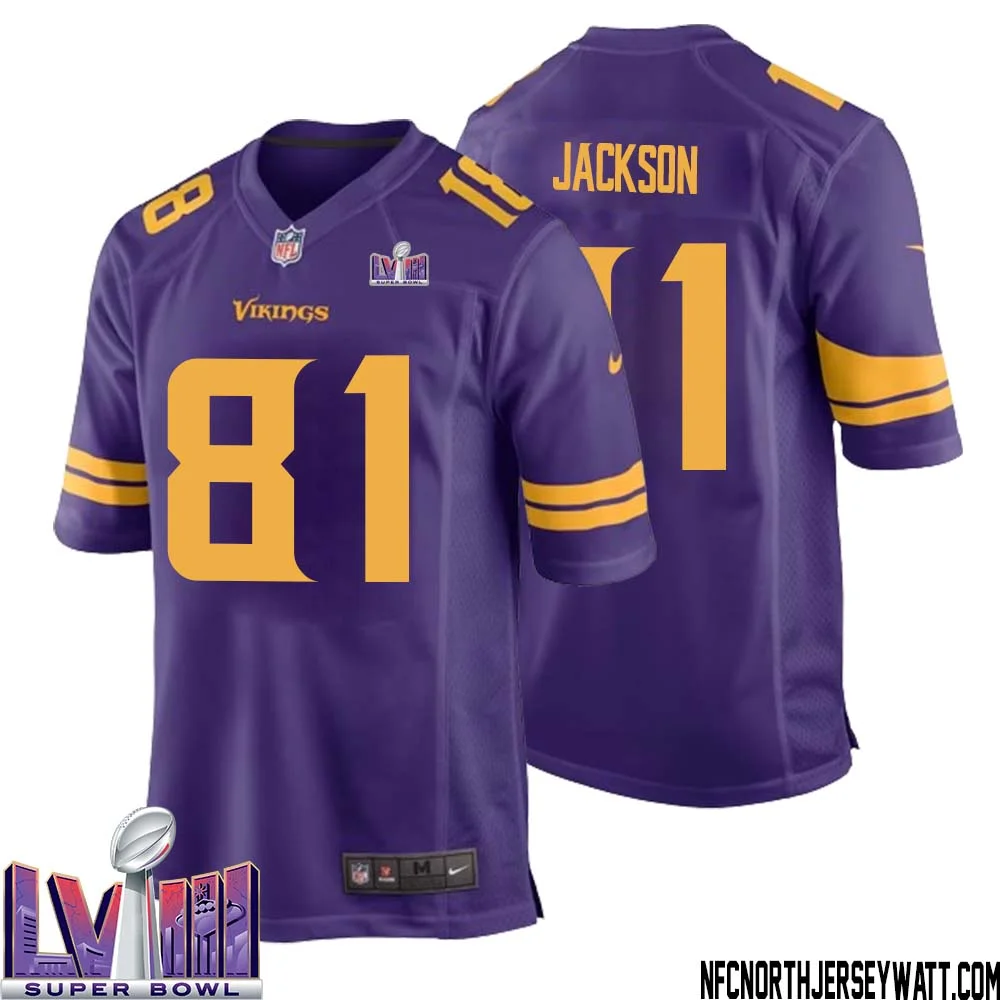 Lucky Jackson No 81 Minnesota Vikings Super Bowl LVIII Alternate Game Jersey Purple for Men