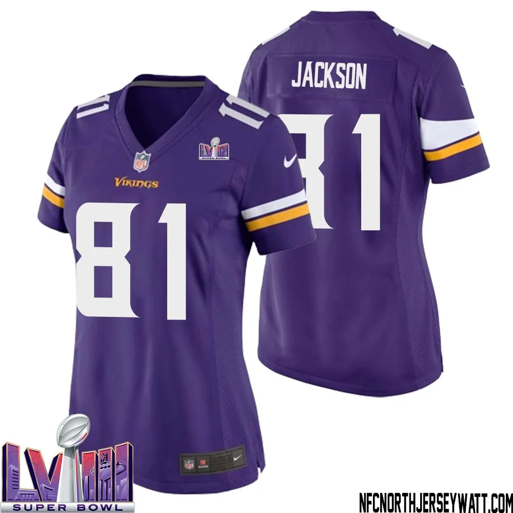 Lucky Jackson No 81 Minnesota Vikings Super Bowl LVIII Home Game Jersey Court Purple for Women