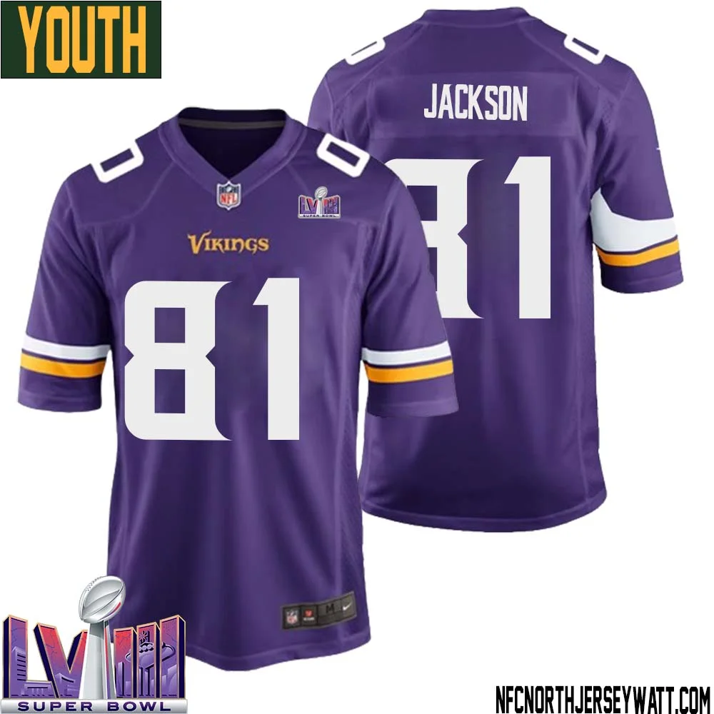 Lucky Jackson No 81 Minnesota Vikings Super Bowl LVIII Home Game Jersey Court Purple for Youth