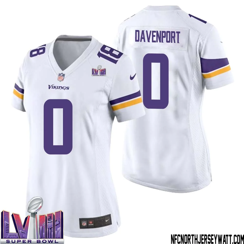 Marcus Davenport No 0 Minnesota Vikings Super Bowl LVIII Away Game Jersey White for Women