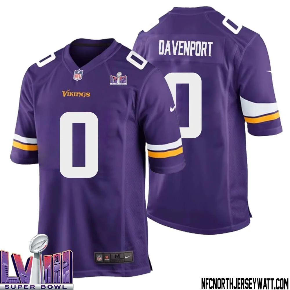 Marcus Davenport No 0 Minnesota Vikings Super Bowl LVIII Home Game Jersey Court Purple for Mens