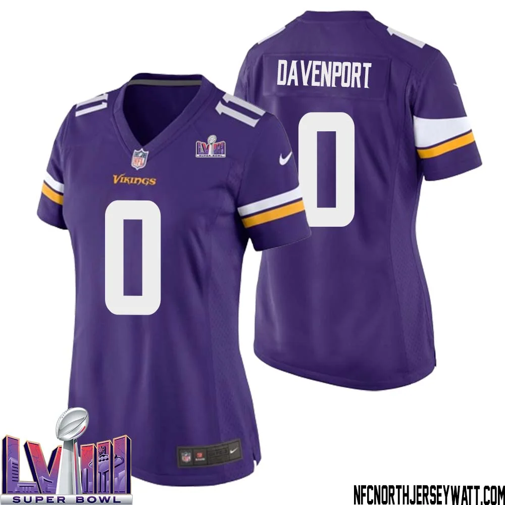 Marcus Davenport No 0 Minnesota Vikings Super Bowl LVIII Home Game Jersey Court Purple for Women
