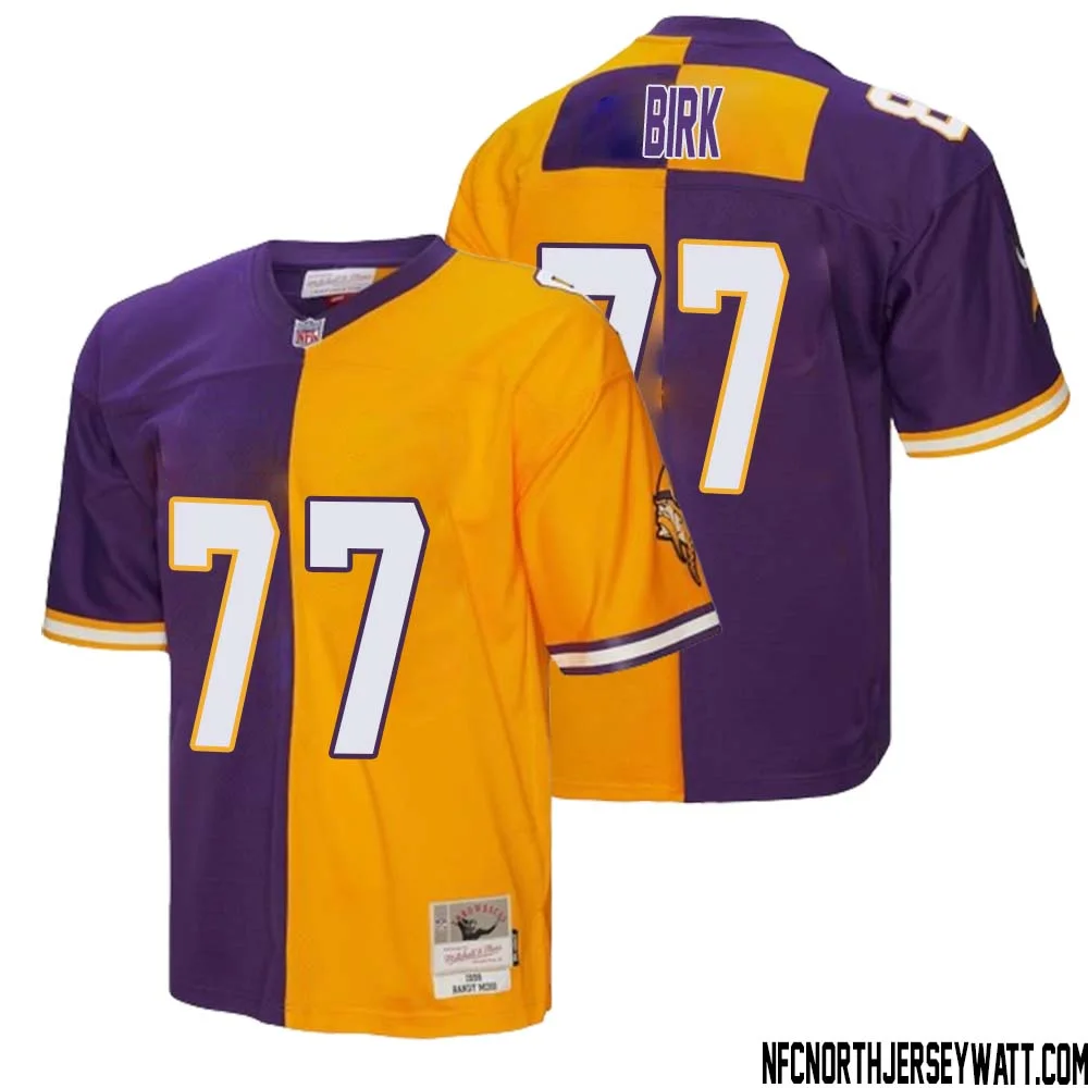 Matt Birk No 77 Men Mitchell Ness Purple Gold Minnesota Vikings 1998 Split Legacy Replica Jersey