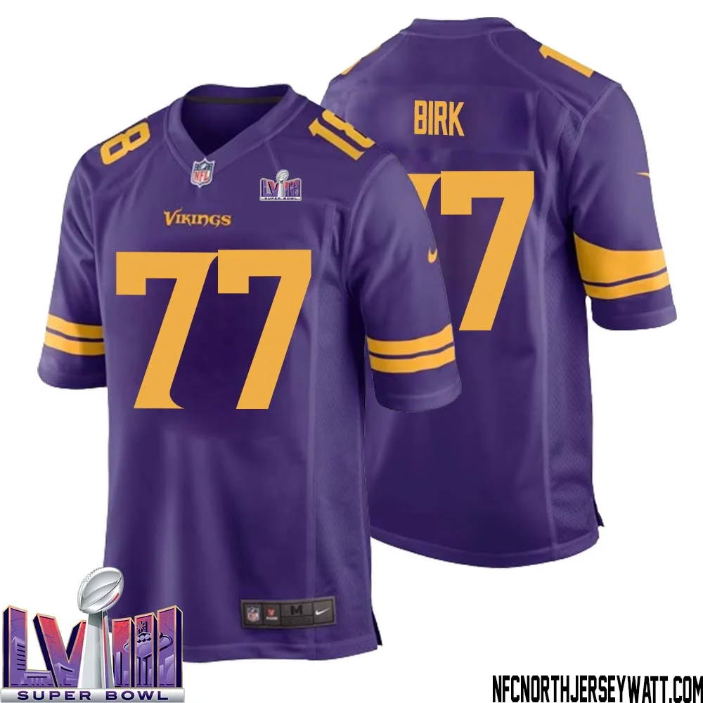 Matt Birk No 77 Minnesota Vikings Super Bowl LVIII Alternate Game Jersey Purple for Men