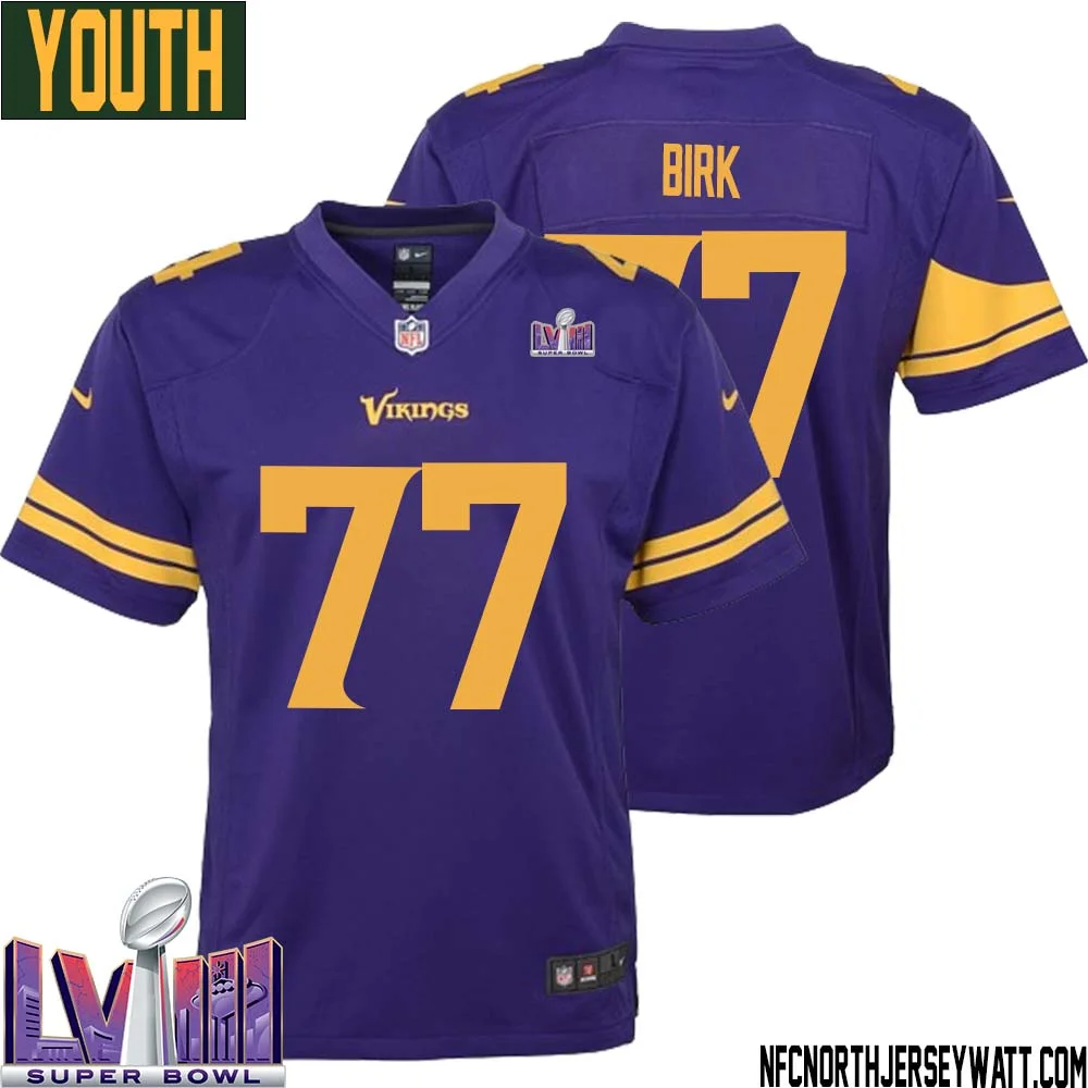 Matt Birk No 77 Minnesota Vikings Super Bowl LVIII Alternate Game Jersey Purple for Youth