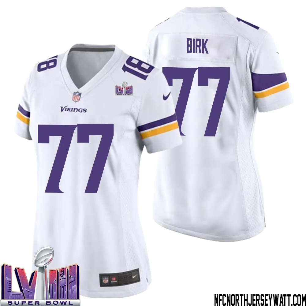 Matt Birk No 77 Minnesota Vikings Super Bowl LVIII Away Game Jersey White for Women 1