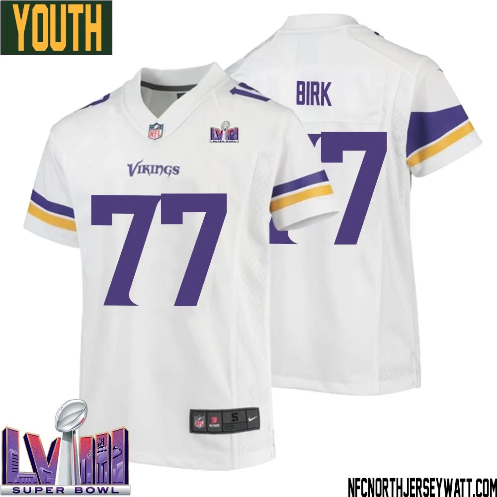 Matt Birk No 77 Minnesota Vikings Super Bowl LVIII Away Game Jersey White for Youth