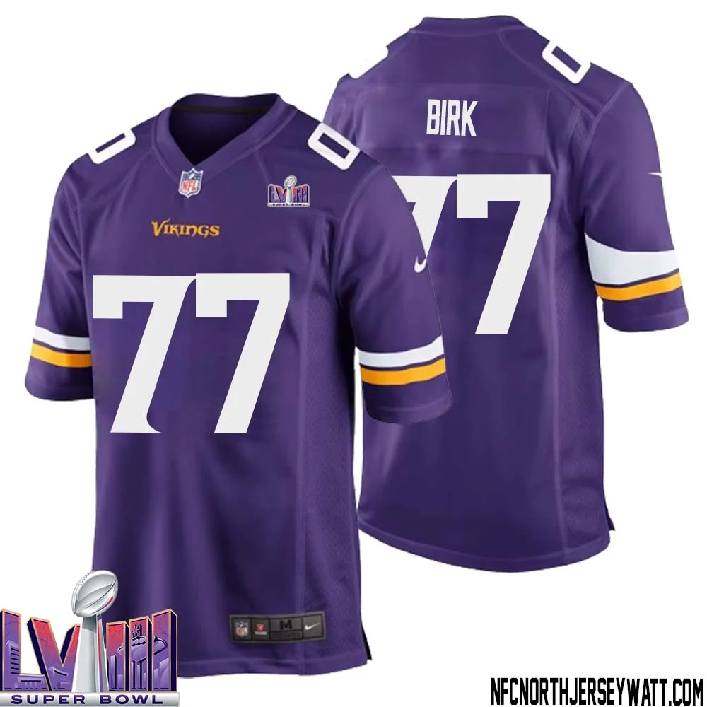 Matt Birk No 77 Minnesota Vikings Super Bowl LVIII Home Game Jersey Court Purple for Mens 1