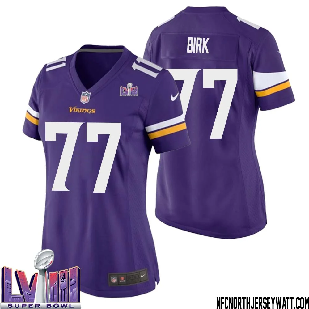 Matt Birk No 77 Minnesota Vikings Super Bowl LVIII Home Game Jersey Court Purple for Women 1