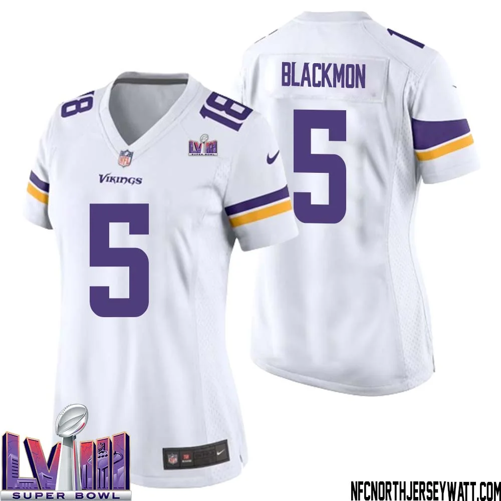 Mekhi Blackmon No 5 Minnesota Vikings Super Bowl LVIII Away Game Jersey White for Women 1