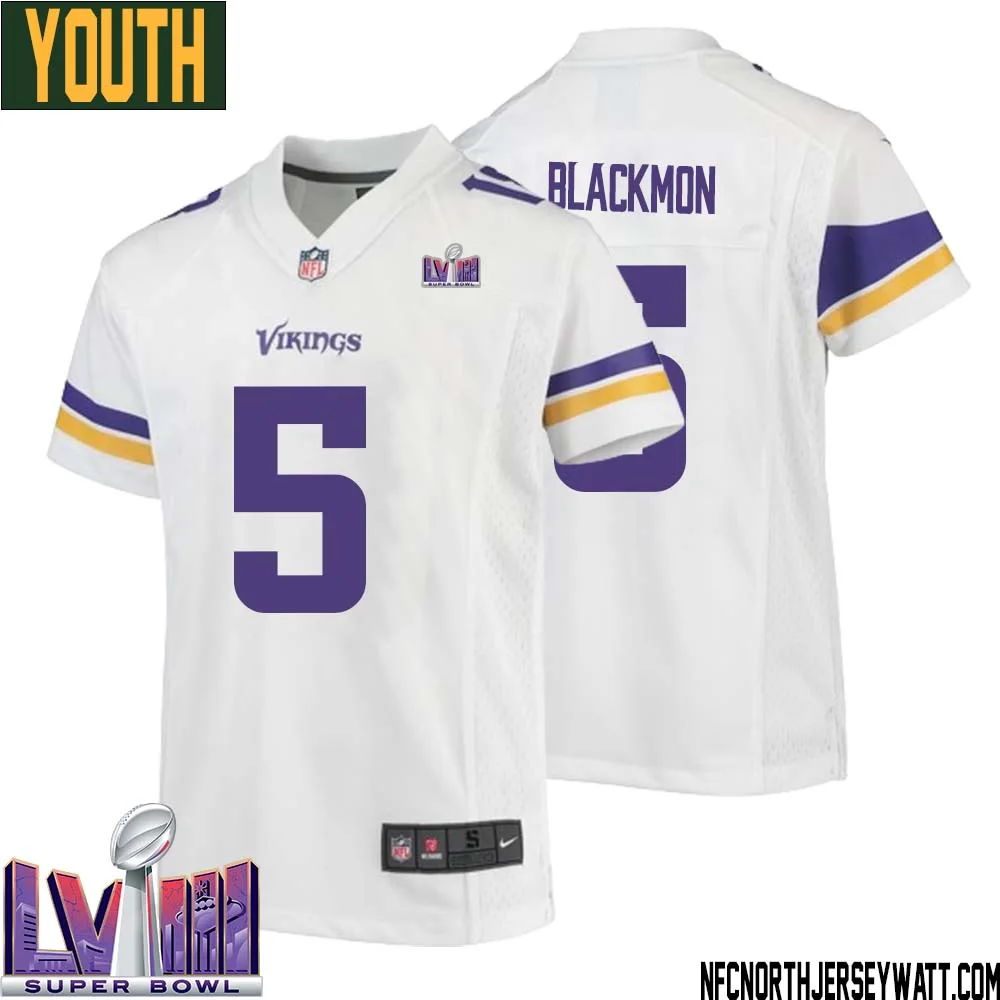 Mekhi Blackmon No 5 Minnesota Vikings Super Bowl LVIII Away Game Jersey White for Youth 1