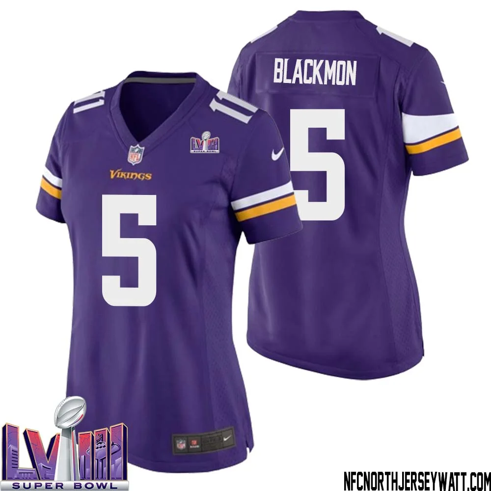 Mekhi Blackmon No 5 Minnesota Vikings Super Bowl LVIII Home Game Jersey Court Purple for Women 1