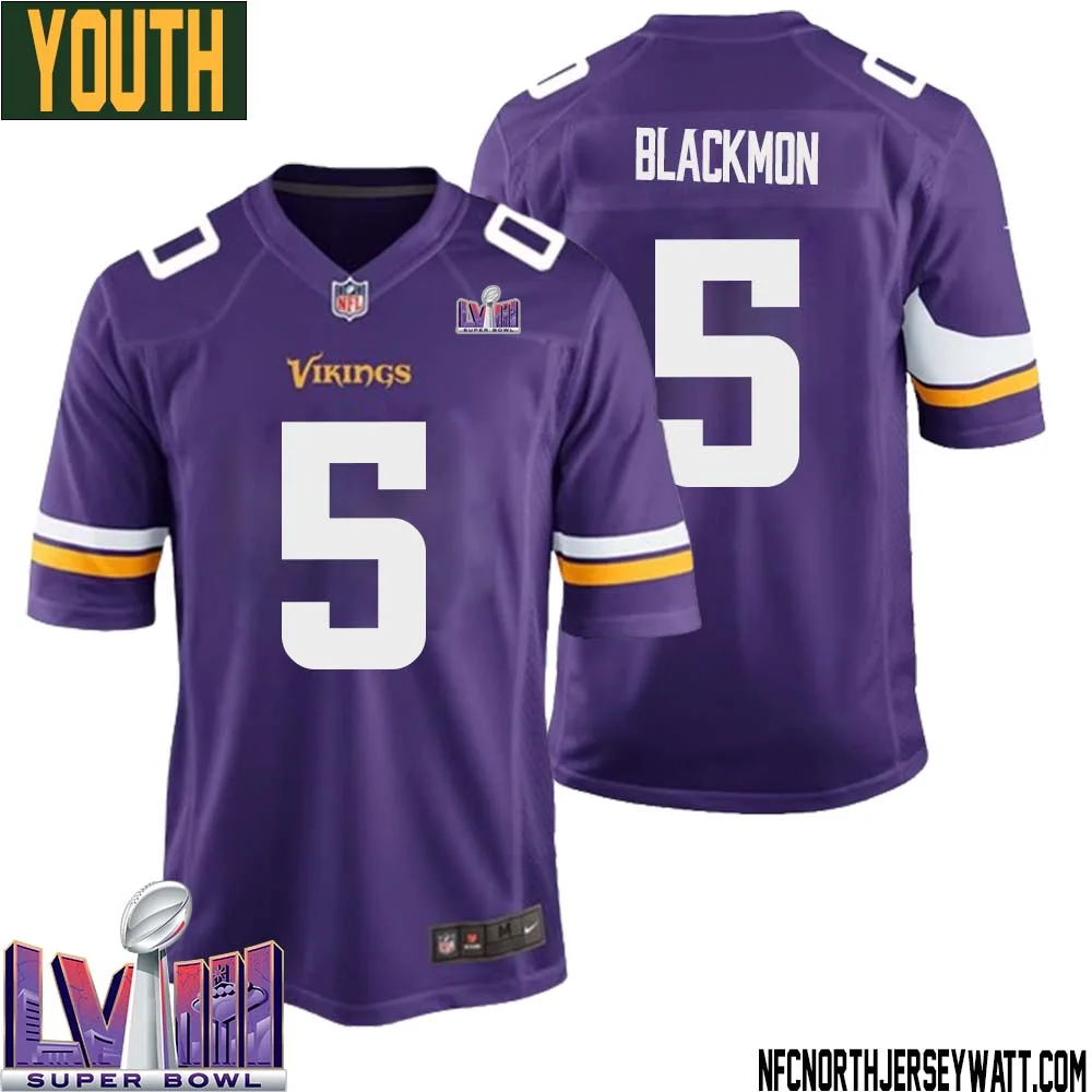 Mekhi Blackmon No 5 Minnesota Vikings Super Bowl LVIII Home Game Jersey Court Purple for Youth 1